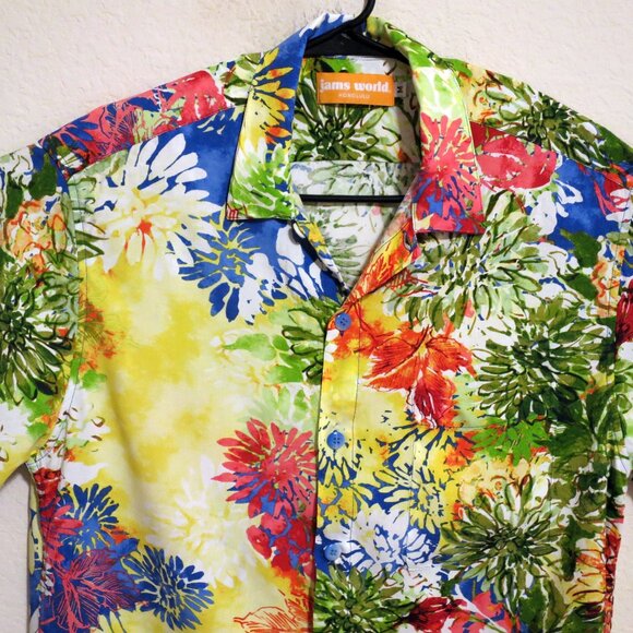 Jams World Shirt Mens Medium Short Sleeve Button Hawaiian Tropical Green Yellow - Picture 1 of 7